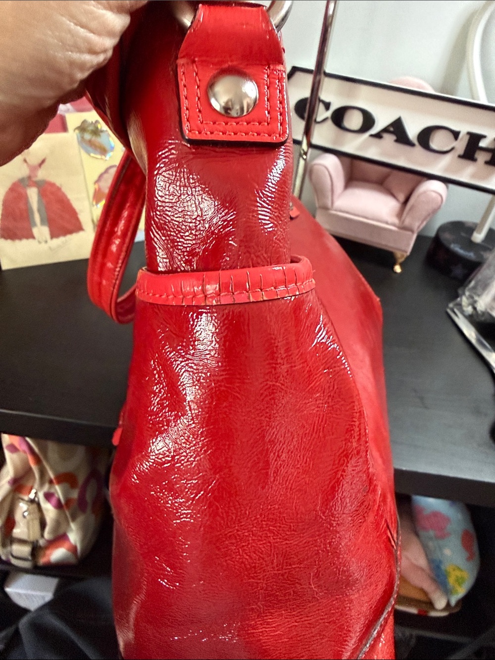 Coach Poppy Y2K Red Patent Leather Shoulder Bag with Front Pocket - Picture 5 of 17